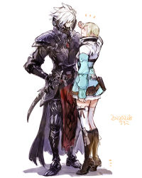 Rule 34 | 1boy, 1girl, aged up, arm at side, armor, artist name, au ra, belt, belt pouch, blonde hair, blue jacket, blush, boots, breastplate, brown footwear, collared jacket, commentary, covered eyes, dark knight (final fantasy), dated, dragon boy, dragon horns, dragon tail, elezen, elf, closed eyes, facing another, faulds, final fantasy, final fantasy xiv, from side, full body, greaves, grin, hair over eyes, hand up, hands on own hips, height difference, horns, jacket, knee boots, long sleeves, multicolored clothes, multicolored jacket, notice lines, pauldrons, pointy ears, pouch, rielle de caulignont, scales, short hair, shoulder armor, sidurgu orl, signature, simple background, smile, spiked hair, square enix, standing, tail, thighhighs, tiptoes, two-tone jacket, uroko (mnr), white background, white hair, white jacket, white thighhighs