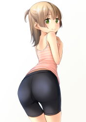 Rule 34 | 1girl, ass, bare arms, bare shoulders, bike shorts, black shorts, blush, brown hair, camisole, closed mouth, commentary request, female focus, from behind, gradient background, green eyes, grey background, hair between eyes, hand up, highres, long hair, looking at viewer, looking back, original, ponytail, shibacha, short shorts, shorts, solo, striped camisole, thighs, white background