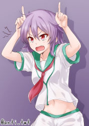 Rule 34 | 10s, 1girl, ahoge, anti (untea9), arms up, blush, fang, furrowed brow, gradient background, highres, horns pose, kantai collection, midriff, navel, open mouth, purple background, purple hair, red eyes, school uniform, serafuku, short hair, shorts, simple background, solo, tama (kancolle), twitter username