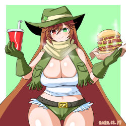 Rule 34 | 1girl, alternate breast size, alternate costume, belt, black belt, blush, breasts, brown hair, burger, cleavage, closed mouth, cola, commentary request, cowboy hat, cowboy shot, cup, dated, disposable cup, drinking straw, food, fringe trim, gloves, green background, green eyes, green gloves, green hat, green shorts, hat, hat ornament, heterochromia, highres, holding, holding food, huge breasts, itini-sanshi, long hair, looking at viewer, micro shorts, midriff, navel, pocket, red eyes, rozen maiden, scarf, shiny skin, shirt, shorts, solo, star (symbol), star hat ornament, suiseiseki, tank top, thigh gap, two-tone background, very long hair, white background, white shirt, white tank top, yellow scarf