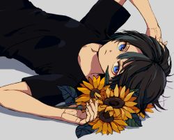 Rule 34 | 1other, androgynous, black shirt, blue eyes, closed mouth, flower, grey background, grey hair, holding, holding flower, ka (marukogedago), looking at viewer, lying, on back, original, shirt, short hair, solo, sunflower