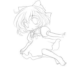 Rule 34 | 1girl, absurdres, barefoot, chibi, cirno, dress, greyscale, highres, lineart, monochrome, short hair, solo, touhou, transparent background, wings, yume shokunin