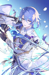 Rule 34 | 1boy, absurdres, black gloves, blue background, blue hair, commentary, crackingtaro, english commentary, genshin impact, gloves, gold trim, gradient background, highres, holding, holding sword, holding weapon, jacket, kamisato ayato, lapels, looking at viewer, male focus, mole, mole under mouth, pants, parted lips, simple background, solo, sword, tassel, upper body, water, weapon, white jacket, white pants