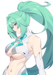 Rule 34 | 1girl, arm at side, bare shoulders, blush, breasts, cleavage, from side, green hair, green heart (neptunia), hair between eyes, heart, high ponytail, highres, large breasts, long hair, looking at viewer, makino harumaki, navel, neptune (series), ponytail, power symbol, power symbol-shaped pupils, purple eyes, smile, solo, symbol-shaped pupils, toned, underboob, upper body, very long hair, white background