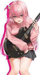 Rule 34 | 1girl, absurdres, black skirt, blue eyes, blush, bocchi the rock!, breast press, breasts, commentary, cube hair ornament, electric guitar, gotoh hitori, guitar, hair ornament, highres, holding, holding instrument, instrument, jacket, long hair, long sleeves, looking at viewer, medium breasts, mookie (e mook9), open mouth, pink hair, pink jacket, simple background, skirt, smile, solo, standing, sweat, thighs, wavy mouth, white background, zipper