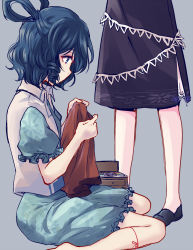 Rule 34 | 2girls, bare legs, barefoot, black footwear, blue dress, blue eyes, blue hair, commentary request, dress, drill hair, drill sidelocks, foot out of frame, from side, grey background, hair rings, holding, holding clothes, holding shirt, kaku seiga, looking down, lower body, miyako yoshika, multiple girls, profile, purple skirt, red shirt, shirt, short hair, sidelocks, simple background, sitting, skirt, standing, touhou, uranaishi (miraura), vest, wariza, white vest