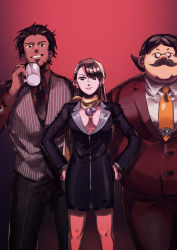 Rule 34 | ace attorney, asymmetrical bangs, black hair, blouse, brown eyes, brown hair, collared shirt, cup, diego armando, emergency exi10, facial hair, formal, glasses, gradient background, grin, hair slicked back, hands on own hips, holding, holding cup, marvin grossberg, mia fey, mustache, necktie, red background, red shirt, red suit, shirt, simple background, skirt, skirt suit, smile, suit, vest, white shirt