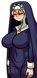 Rule 34 | 1girl, absurdres, blonde hair, blush, breasts, covered navel, cross, cross necklace, double (skullgirls), embarrassed, closed eyes, habit, highres, jewelry, large breasts, necklace, nun, raburiihamu, skin tight, skullgirls, solo, upper body, white background