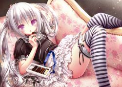 Rule 34 | 1girl, absurdres, black ribbon, breasts, couch, eating, frilled skirt, frills, highres, huge filesize, indoors, long hair, lying, original, purple eyes, ribbon, see-through, silver hair, skirt, small breasts, solo, striped clothes, striped thighhighs, thighhighs, tinker bell (pixiv 10956015), white skirt