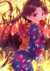 Rule 34 | 1girl, aerial fireworks, ayanami (kancolle), blue kimono, blurry, blurry background, blush, brown eyes, brown hair, candy apple, commentary request, covered mouth, depth of field, fireworks, food, hand fan, highres, holding, holding food, japanese clothes, kantai collection, kimono, leaf print, leaning forward, long hair, long sleeves, minarai shachou, night, night sky, obi, outdoors, paper fan, parted bangs, print kimono, sash, sky, sleeves past wrists, solo, twintails, uchiwa, very long hair, wide sleeves