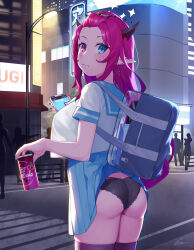 Rule 34 | 1girl, absurdres, accidental exposure, aqua eyes, artist name, ass, ass focus, bag, black panties, blue sailor collar, blue skirt, book, breasts, cellphone, city, cityscape, clothes lift, commentary, crosswalk, dasdokter, demon horns, double halo, ear piercing, earrings, english commentary, english text, forehead, hair ornament, hairpin, halo, heterochromia, highres, hololive, hololive english, horns, irys (hololive), jewelry, lamppost, large breasts, long hair, multicolored hair, nail polish, night, panties, phone, piercing, pink eyes, pink hair, pink nails, pleated skirt, pointy ears, red hair, sailor, sailor collar, school uniform, shoulder bag, signature, skirt, skirt caught on object, skirt lift, smartphone, star halo, text messaging, textbook, thighhighs, twitter username, underwear, very long hair, virtual youtuber