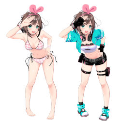 Rule 34 | 1girl, bare legs, bare shoulders, barefoot, bikini, black gloves, blush, breasts, brown hair, collarbone, commentary request, cropped jacket, fingerless gloves, full body, gibun (sozoshu), gloves, hair ornament, hairband, halterneck, headphones, highres, jacket, kizuna ai, kizuna ai (a.i. games), kizuna ai inc., lace trim, looking at viewer, medium breasts, multicolored hair, multiple views, navel, ocean, open clothes, open jacket, open mouth, pink hairband, plaid, plaid bikini, shoes, short sleeves, shorts, simple background, smile, sneakers, standing, stomach, swimsuit, teeth, thigh strap, upper teeth only, virtual youtuber, white background