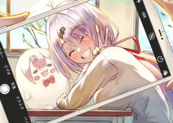 Rule 34 | 1girl, breasts, cellphone, character doll, closed eyes, desk, grin, inugami86, large breasts, long hair, low ponytail, nijisanji, phone, pink hair, school, school desk, shiina yuika, shiina yuika (1st costume), smartphone, smile, taking picture, v, virtual youtuber