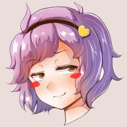 Rule 34 | 1girl, blush, blush stickers, brown eyes, closed mouth, commentary request, grey background, hair ornament, hairband, haruka (haruka channel), heart, heart hair ornament, komeiji satori, looking at viewer, portrait, purple hair, short hair, simple background, smile, smug, solo, touhou
