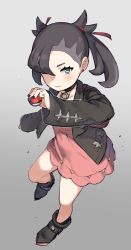 Rule 34 | 1girl, asymmetrical hair, atte nanakusa, black choker, black hair, black jacket, blush, choker, collarbone, creatures (company), cropped jacket, dress, earrings, eyelashes, game freak, green eyes, hair ribbon, highres, holding, holding poke ball, jacket, jewelry, looking at viewer, marnie (pokemon), medium hair, necklace, nintendo, one eye covered, pink dress, poke ball, poke ball (basic), pokemon, pokemon swsh, ribbon, short twintails, silver trim, simple background, sketch, solo, twintails, undercut