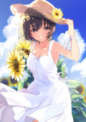 Rule 34 | 1girl, black eyes, blue sky, blush, breasts, brown hair, cleavage, cloud, collarbone, commentary, day, dress, flower, hair between eyes, hat, hat flower, highres, lips, looking at viewer, medium breasts, original, outdoors, parted lips, revision, ribbon, short hair, sky, sleeveless, sleeveless dress, smile, solo, straw hat, summer, sun hat, sundress, sunflower, teeth, u35, white dress, white ribbon, wrist ribbon