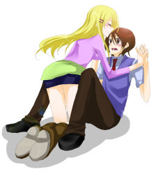 Rule 34 | 00s, 1boy, 1girl, ass, blue eyes, blush, boots, closed eyes, frown, full body, gundam, gundam 00, hair ornament, hairclip, hetero, holding hands, imminent kiss, knee boots, louise halevy, necktie, pants, red necktie, saji crossroad, shoes, simple background, surprised, sweatdrop, sweater vest, white background, wide-eyed
