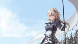 Rule 34 | 1girl, absurdres, armor, armored dress, army, avalonwish, bad id, bad pixiv id, banner, blonde hair, blue eyes, braid, breasts, dress, fate/apocrypha, fate/grand order, fate (series), gloves, headpiece, highres, holding, holding weapon, jeanne d&#039;arc (fate), jeanne d&#039;arc (ruler) (fate), long hair, looking at viewer, serious, solo, standing, very long hair, weapon