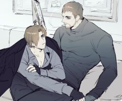 Rule 34 | 05 (link83601636), 2boys, alternate muscle size, bara, beard stubble, chris redfield, cigarette, couch, couple, eye contact, facial hair, feet out of frame, hair over one eye, holding hands, jacket, jacket on shoulders, leon s. kennedy, looking at another, male focus, mature male, multiple boys, mustache stubble, on couch, on lap, on person, pectoral cleavage, pectorals, resident evil, resident evil 6, short hair, smoking, stubble, thick eyebrows, yaoi