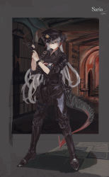 Rule 34 | 1girl, absurdres, arknights, baton (weapon), black footwear, black gloves, black hat, black pants, black shirt, brown eyes, bulletproof vest, chair, character name, closed mouth, collared shirt, commentary, dragon horns, dragon tail, expressionless, faux traditional media, gloves, grey background, hands up, hat, highres, horns, id card, indoors, long hair, looking at viewer, off shoulder, official alternate costume, pants, police hat, saria (arknights), saria (the law) (arknights), shirt, silver hair, single glove, sleeves rolled up, solo, standing, tail, vea (v ea ), walkie-talkie, weapon