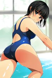 Rule 34 | 1girl, ass, bare arms, bare shoulders, black hair, blue one-piece swimsuit, blush, breasts, closed mouth, competition swimsuit, cowboy shot, from behind, green eyes, highres, indoors, leg up, looking back, matsunaga kouyou, medium breasts, one-piece swimsuit, original, pool, rei no pool, running, shiny skin, skin tight, solo, swimsuit, thighs, water, water drop, wet, wet hair