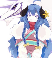 Rule 34 | 1girl, ahoge, animal, black sclera, blue hair, blush, bow, braid, closed mouth, colored sclera, flower, fur trim, grin, hair between eyes, hair bow, horn flower, horns, hourglass 02, kindred (league of legends), lamb (league of legends), league of legends, long hair, looking at viewer, official alternate costume, parted lips, sharp teeth, simple background, slit pupils, smile, spirit, spirit blossom kindred, teeth, ultra eye, white background, wolf, wolf (league of legends), yellow bow, yellow eyes, yellow flower