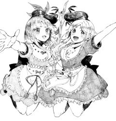 Rule 34 | 2girls, apron, arm up, back bow, bamboo, blush, bow, breasts, buttons, dress, eyes visible through hair, frills, greyscale, hands up, hat, itomugi-kun, jumping, leaf, looking at viewer, looking to the side, medium breasts, monochrome, multiple girls, nishida satono, open mouth, plant, pom pom (clothes), puffy short sleeves, puffy sleeves, shoes, short hair, short hair with long locks, short sleeves, simple background, smile, socks, tanabata, teireida mai, tongue, touhou, white background