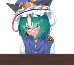 Rule 34 | 1girl, alternate eye color, angry, black hat, blue hat, blue vest, buttons, commentary, english commentary, epaulettes, flat chest, frilled hat, frills, gazter, green hair, hair between eyes, hat, highres, looking at viewer, medium bangs, open mouth, parted bangs, purple eyes, shiki eiki, shirt, short hair, simple background, solo, table, touhou, upper body, v-shaped eyebrows, vest, white background, white shirt