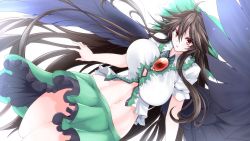 Rule 34 | 1girl, bird wings, black hair, black wings, bow, breasts, button gap, curvy, frilled skirt, frills, g (genesis1556), green bow, green skirt, hair bow, highres, huge breasts, long hair, looking at viewer, lying, navel, on back, open mouth, red eyes, reiuji utsuho, shirt, short sleeves, skirt, solo, third eye, touhou, very long hair, white shirt, wide hips, wings