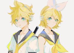 Rule 34 | 1boy, 1girl, bass clef, blonde hair, blue eyes, bow, brother and sister, crypton future media, hair bow, hair ornament, hairclip, headphones, headset, highres, kagamine len, kagamine rin, looking at viewer, musical note, necktie, nima (nimamann), parted lips, ponytail, ribbon, sailor collar, short hair, short sleeves, siblings, simple background, sleeveless, twins, vocaloid, white background, white bow, yellow ribbon