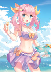 Rule 34 | 1girl, :d, absurdres, bikini, bikini skirt, bikini top only, blue eyes, blue sky, blush, bow, breasts, choker, cleavage, cloud, cloudy sky, commentary request, conch, cowboy shot, day, diagonal stripes, frilled bikini, frilled bikini top, frills, hair between eyes, hair ornament, hair ribbon, hairclip, halterneck, highres, holding, holmemee, innertube, long hair, moe2018, mountain, ocean, open mouth, original, outdoors, pink hair, purple bikini, purple choker, ribbon, shell, sidelocks, sky, smile, solo, star (symbol), star hair ornament, starfish, striped, swim ring, swimsuit, transparent, twintails, water, yellow bow, yellow ribbon