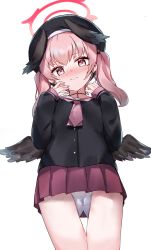 Rule 34 | 1girl, beret, black hat, black shirt, black wings, blouse, blue archive, blush, cameltoe, closed mouth, commentary request, feathered wings, from below, gluteal fold, halo, hands up, hat, head tilt, head wings, head wreath, highres, koharu (blue archive), kure (kure ng), long hair, long sleeves, looking at viewer, looking down, nose blush, panties, pink eyes, pink hair, pleated skirt, puffy long sleeves, puffy sleeves, purple skirt, sailor collar, shirt, simple background, skirt, sleeves past wrists, solo, thigh gap, underwear, wavy mouth, white background, white panties, white sailor collar, wings