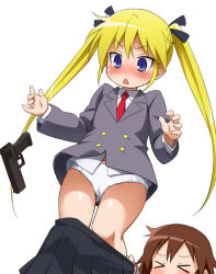 Rule 34 | &gt; &lt;, 2girls, :&lt;, accident, accidental pervert, assisted exposure, blonde hair, blue eyes, blush, brown hair, cameltoe, closed eyes, clothes pull, dropping, gun, kill me baby, long hair, multiple girls, necktie, open mouth, oribe yasuna, panties, pantsing, pulling another&#039;s clothes, red necktie, ribbon, school uniform, short hair, skirt, skirt pull, sonya (kill me baby), surprised, sweatdrop, twintails, underwear, weapon, white panties, youkan
