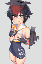 Rule 34 | 10s, 1girl, bad id, bad pixiv id, bare shoulders, black hair, blush, breasts, brown eyes, covering privates, covering breasts, covered erect nipples, gloves, hat, i-14 (kancolle), kantai collection, looking at viewer, sanhon, school swimsuit, short hair, simple background, small breasts, smile, solo, swimsuit