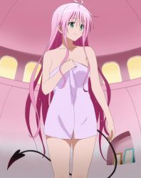 Rule 34 | 1girl, ahoge, breasts, collarbone, green eyes, highres, lala satalin deviluke, long hair, medium breasts, pink hair, screencap, smile, solo, standing, stitched, tail, thighs, third-party edit, to love-ru, to love-ru darkness, towel
