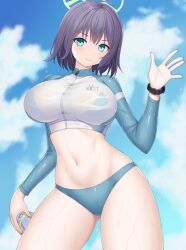 Rule 34 | 1girl, asamura hiori, bikini, blue archive, blue bikini, blue eyes, blue sky, breasts, closed mouth, cloud, commentary request, fingernails, green halo, halo, highres, large breasts, long sleeves, looking at viewer, navel, no headwear, official alternate costume, outdoors, purple hair, saki (blue archive), saki (swimsuit) (blue archive), short hair, sky, smile, solo, stomach, swimsuit, swimsuit under clothes, thighs, watch, wet, wristwatch, zipper