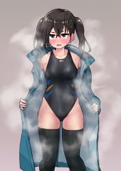 Rule 34 | 1girl, :o, black hair, black thighhighs, blush, coat, collarbone, competition swimsuit, ear blush, gojarun, grey background, groin, highres, holding, holding clothes, holding coat, idolmaster, idolmaster cinderella girls, looking at viewer, mole, mole under eye, one-piece swimsuit, open clothes, open coat, raincoat, simple background, sleeves past wrists, solo, steam, steaming body, sunazuka akira, sweatdrop, swimsuit, thighhighs, twintails, wavy hair, wet, wet clothes