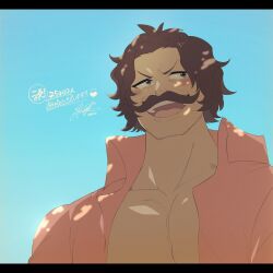 Rule 34 | 1boy, beard stubble, black hair, blush, commentary request, facial hair, from below, gol d. roger, highres, letterboxed, looking to the side, male focus, mustache, one piece, open clothes, open shirt, ovasayuri, pink shirt, shirt, sky, smile, solo, stubble