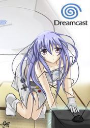Rule 34 | 1girl, bent over, dreamcast-tan, game console, gloves, long hair, lowres, personification, pink eyes, purple hair, sega, sega dreamcast, socks, solo, television