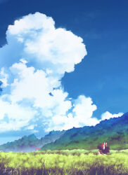 Rule 34 | 1girl, absurdres, bare shoulders, black hair, blue sky, bow, cloud, day, detached sleeves, grass, hair bow, hakurei reimu, highres, japanese clothes, long hair, nontraditional miko, oubachiago, outdoors, red bow, scenery, signature, sky, solo, torii, touhou, white sleeves, wide sleeves