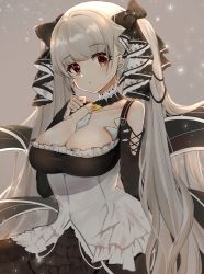 Rule 34 | 1girl, azur lane, bare shoulders, between breasts, black bow, black dress, blush, bow, breasts, cleavage, closed mouth, clothing cutout, collarbone, commentary request, dress, formidable (azur lane), frilled dress, frills, grey background, grey hair, hair bow, highres, katsushika pachi, large breasts, long hair, long sleeves, looking at viewer, red eyes, shoulder cutout, sleeves past wrists, solo, twintails, very long hair