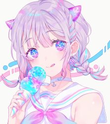 Rule 34 | 1girl, :p, achiki, anchor necklace, anchor symbol, ascot, bad id, bad twitter id, blue eyes, blunt bangs, braid, closed mouth, collar, collarbone, colorful, earrings, eating, food, gradient eyes, hair between eyes, hand up, head tilt, horns, ice cream, ice cream cone, jewelry, looking at viewer, low twintails, multicolored eyes, necklace, original, pastel colors, portrait, purple eyes, purple hair, sailor collar, shirt, sidelocks, simple background, sleeveless, smile, solo, tongue, tongue out, twin braids, twintails, white shirt