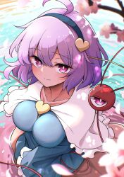 Rule 34 | 1girl, ahoge, black hairband, blue shirt, breasts, buttons, cherry blossoms, closed mouth, commentary request, eyeball, falling petals, flower, frilled shirt collar, frills, hair ornament, hairband, heart, heart button, heart hair ornament, highres, komeiji satori, large breasts, long sleeves, looking at viewer, petals, pink flower, pink petals, purple eyes, purple hair, scavia10, shirt, short hair, smile, solo, third eye, touhou, water, wide sleeves