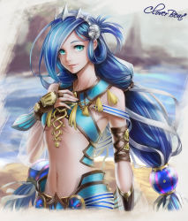 Rule 34 | 1girl, blue hair, breasts, cloverbear, dana (ys), diadem, green eyes, hair ribbon, highres, long hair, looking at viewer, midriff, navel, parted lips, ribbon, small breasts, solo, stomach, twintails, underboob, very long hair, white ribbon, ys, ys viii lacrimosa of dana