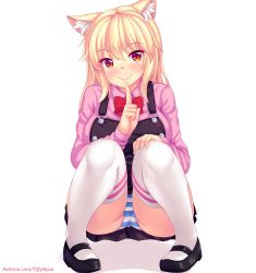 Rule 34 | 1girl, animal ear fluff, animal ears, ass, blonde hair, blush, bow, breasts, cat ears, fang, finger to mouth, highres, large breasts, long hair, looking at viewer, mary janes, nottytiffy, original, panties, pantyshot, patreon username, pink shirt, red bow, red eyes, shirt, shoes, slit pupils, smile, solo, squatting, striped clothes, striped panties, thighhighs, tiffy (nottytiffy), underwear, watermark, web address, white background, white thighhighs
