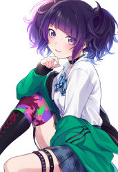Rule 34 | 1girl, black collar, black footwear, blue bow, blue skirt, blush, boots, bow, breasts, collar, collared shirt, commentary request, cross-laced footwear, diagonal bangs, dress shirt, fuji fujino, green jacket, highres, idolmaster, idolmaster shiny colors, jacket, knee boots, lace-up boots, long sleeves, looking at viewer, off shoulder, open clothes, open jacket, parted lips, plaid, plaid bow, plaid skirt, pleated skirt, purple eyes, purple hair, shirt, simple background, single thighhigh, skirt, sleeves past wrists, small breasts, smile, solo, tanaka mamimi, thighhighs, thighhighs under boots, twintails, white background, white shirt