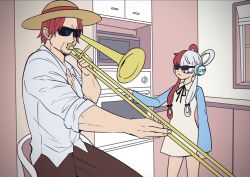 Rule 34 | 1boy, 1girl, age difference, artist request, facial hair, father and daughter, hat, headphones, highres, instrument, kitchen, long hair, meme, multicolored hair, one piece, one piece film: red, parody, red hair, saxophone, shanks (one piece), smile, straw hat, sunglasses, two-tone hair, uta (one piece), very long hair, what