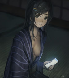 Rule 34 | 1girl, absurdres, artist name, bad id, bad pixiv id, black eyes, black hair, black kimono, breasts, cellphone, cleavage, hair ornament, hairclip, highres, holding, holding phone, indoors, japanese clothes, kimono, long hair, looking at viewer, medium breasts, original, parted lips, phone, reido (reido c), smartphone, solo, striped clothes, striped kimono