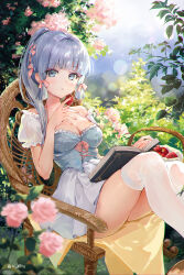 Rule 34 | 1girl, ayaka (genshin impact), blue eyes, blue hair, blunt bangs, book, bow, bowtie, breasts, detached sleeves, dress, flower, food, frilled dress, frills, fruit, genshin impact, hair ornament, hair ribbon, highres, holding, holding food, holding fruit, light blue hair, long hair, looking at viewer, medium breasts, mole, mole under eye, plant, ponytail, ribbon, rity, short sleeves, sidelocks, skirt, solo, strawberry, thighhighs, thighs, white thighhighs