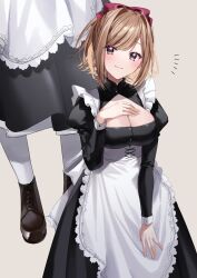Rule 34 | 1girl, apron, black dress, blush, breasts, brown hair, chigusa minori, cleavage, clothing cutout, commentary request, dress, frilled apron, frills, hand on own chest, head tilt, highres, jitsuha imouto deshita., large breasts, long dress, long sleeves, looking at viewer, maid, novel illustration, official art, pantyhose, partial commentary, projected inset, purple eyes, sidelocks, simple background, smile, solo, swept bangs, ueda hinata, white footwear, white pantyhose